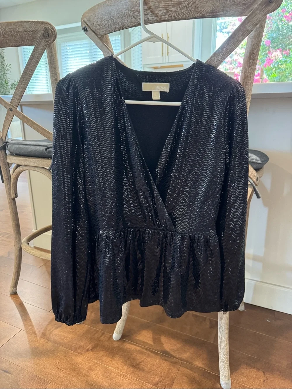 Michael Kors Black Sequin Wrap Peplum Blouse